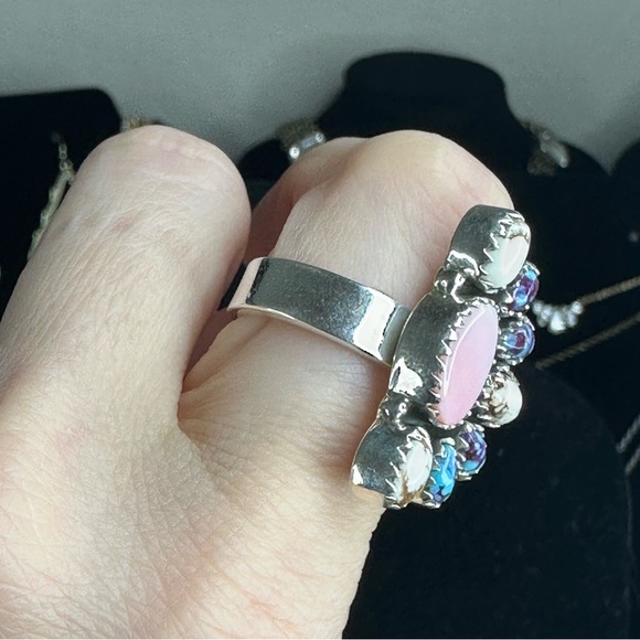 Sterling Silver Pink Conch & Composite gemstones half flower Ring Sz 6.5 adj - Picture 6 of 14